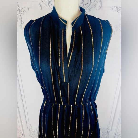 Casual Gold Metallic Striped Loose Relaxed Fit Sleeveless Midi Long Dress - Picture 6 of 8